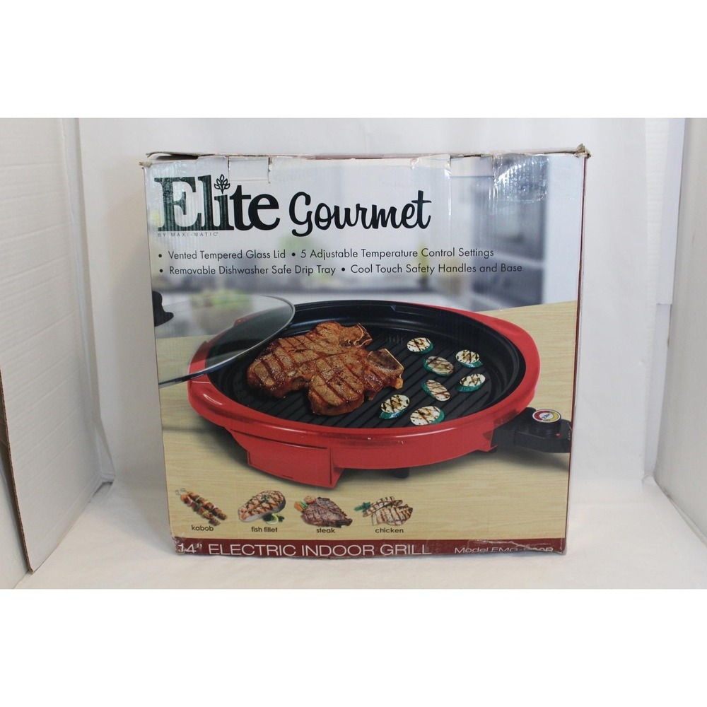 Elite Gourmet Red 14" Electric Indoor Grill Glass Lid Non-Stick Model EMG-980R